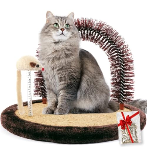 Happi N Pets Original Cat Self Groomer, Arch Grooming Brush wtih Heavy Wooden Scratching Pad, Rubbing Post & Toy, Cat Face...