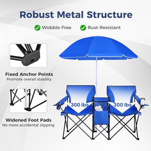 Goplus Double Camping Chair with Umbrella, Folding Loveseat Chairs w/Canopy Shade, Carrying Bag, Table, Cup Holder, Portab...
