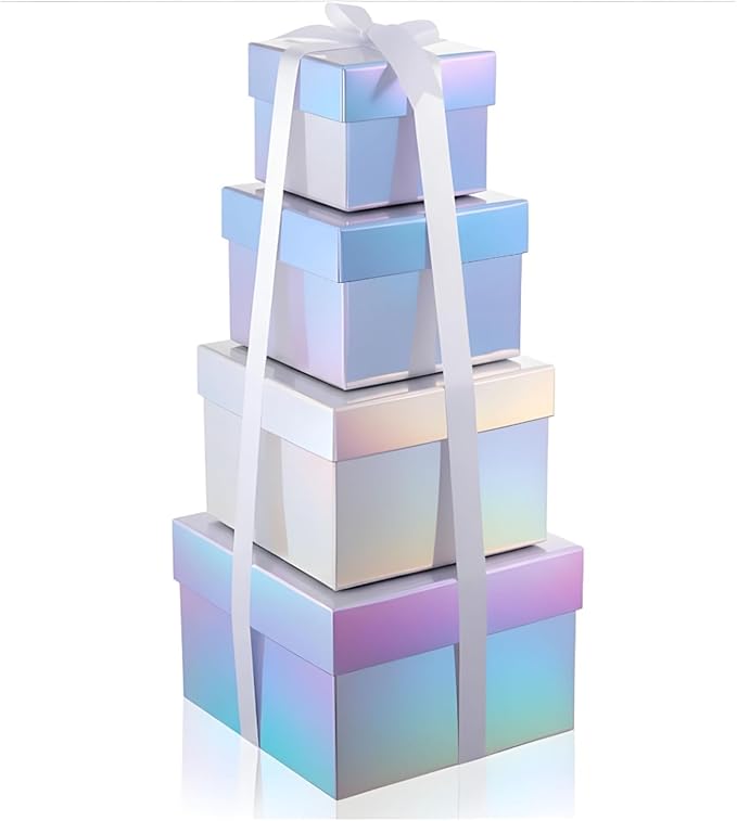 Fulmoon 4 Pack Holographic Silver Square Nesting Gift Boxes with Lids Set Assorted Sizes 7in 6in 5in 4in with Ribbon for W...