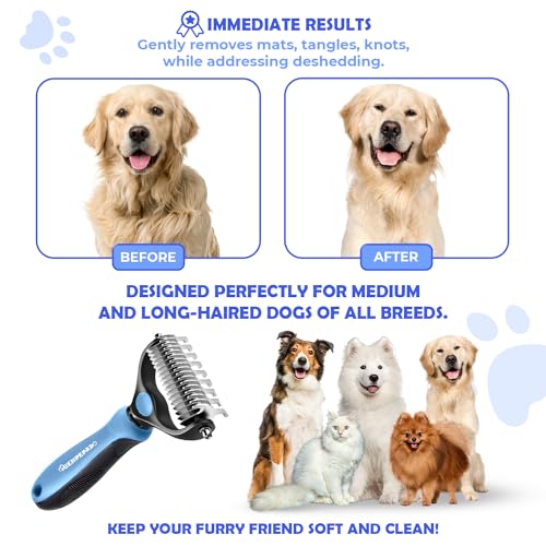 Undercoat Rake for Dogs & Cats, Dematting Comb with Extra Wide Double-Sided Stainless Steel Teeth for Detangling, Desheddi...