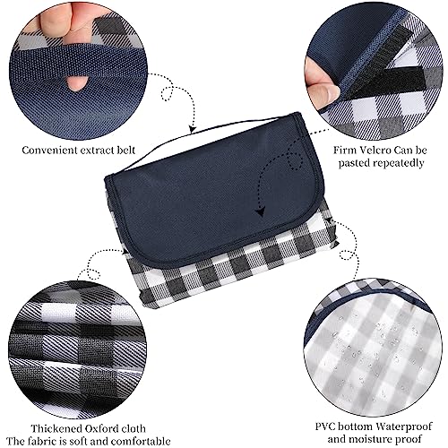 GUSUWU Picnic Blanket Waterproof Beach Rug 80''x80'' Picnic Mat Washable Lightweight with Handle Navy Blue Checkered for H...