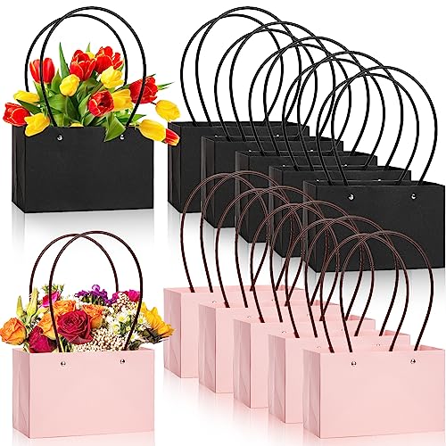 DEAYOU 12 Pack Kraft Paper Flower Gift Bags, Bouquet Bag Box with Handle, Small Paper Carrier Tote Bags with Waterproof Li...