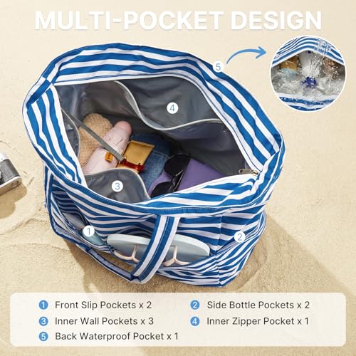 G4Free Beach Bag Waterproof Sandproof, Large Foldable Beach Tote with Zipper for Women, Pool Travel Swim Grocery Tote Bags