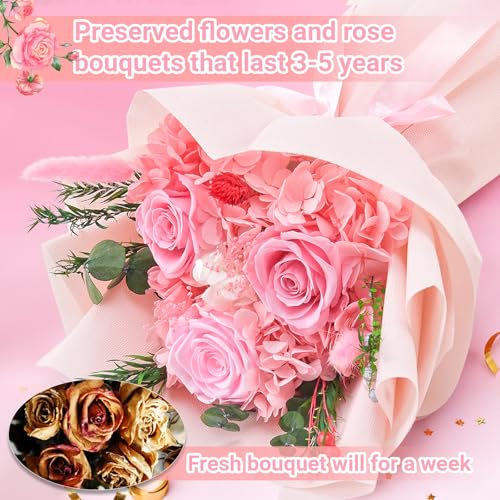 Gnifot Preserved Flowers Bouquet, Flowers for Delivery,Handmade Pink Rose Bouquets Lasting 3-5 Years, Luxury Gift Box,Birt...