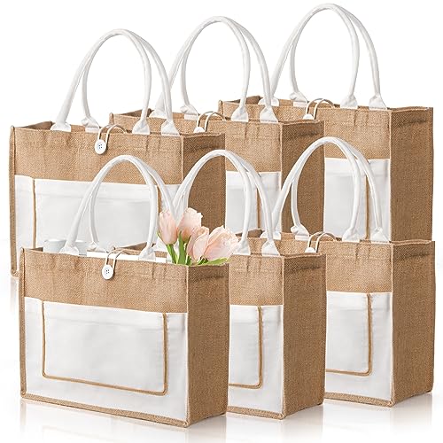 ZOOFOX 6 Pack Jute Tote Bags, 16.5"x 13"x 7" Large Burlap Tote Bag with Handles, Beach Bag for Women, Grocery Bridesmaid B...