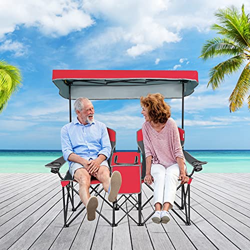 S AFSTAR Double Camping Chair w/Shade Canopy, 2-Person Folding Camp and Beach Chair with Mini Table Beverage Cup Holder Ca...