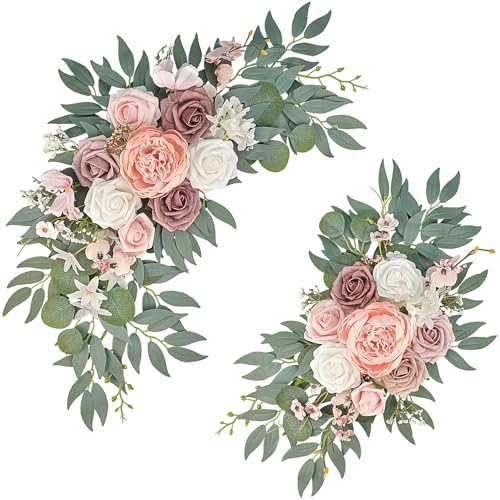 Finphoon Pink Wedding Arch Flowers Set of 2, Artificial Wedding Arch Floral Swag Arrangement for Reception Photo Backdrop ...