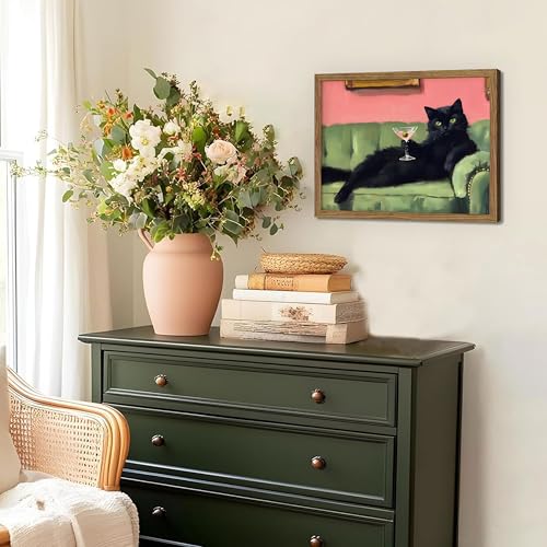 Framed Black Cat with Martini Wall Art Print, Whimsical Cute Cat Decor Paintings, Cocktail Art Bar Cart Decor, Funny Anima...