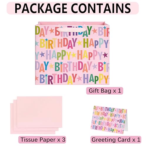 Yusenguan 13" Pink Happy Birthday Gift Bag, Colorful Lettering Design with Card, Tissue Paper and Sturdy Handles for Kids...