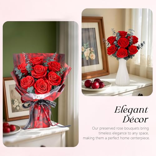 Preserved Flowers Bouquet 7 Roses - Red Real Rose & Flowers for Delivery, Eternal Roses Bouquet with Gift Box, Mothers Day...