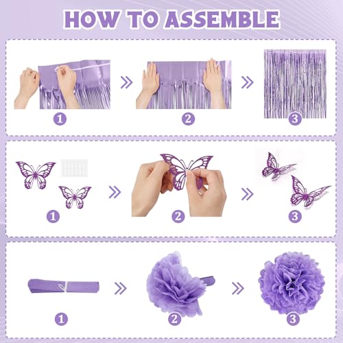 Purple Birthday Decorations for Women Girls, Lavender Pink Confetti Metallic Printed Balloons Butterfly Stickers Fringe Cu...