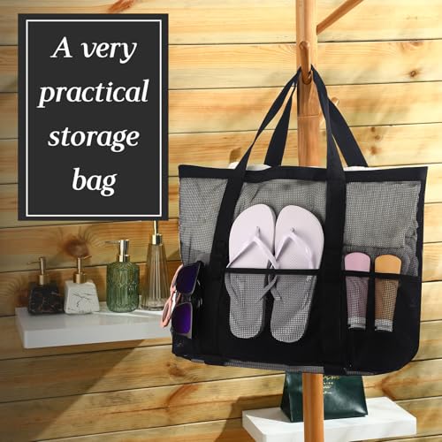 Hillban Large Beach Mesh Bags Bulk for Women Beach Tote Bag with 8 Pocket Zipper Waterproof Sandproof for Pool Cruise Ship