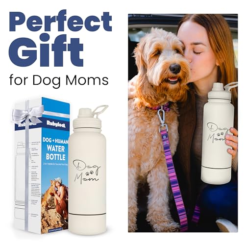 Dog Mom Water Bottle - 32 oz Stainless Steel Double Wall Insulated with 8 oz Detachable Bowl on Bottom - Cool Dog Mom Gift...