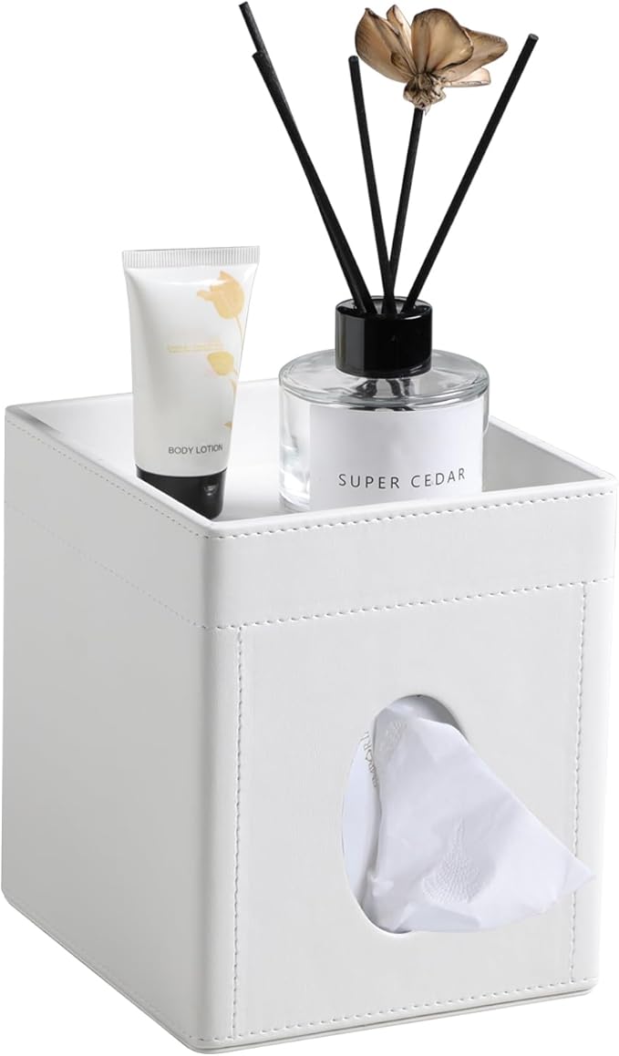 Cretkhp Tissue Box Cover, PU Leather Square Tissue Box Holder with Storage Tray for Bathroom Vanity Countertop Night Stand...