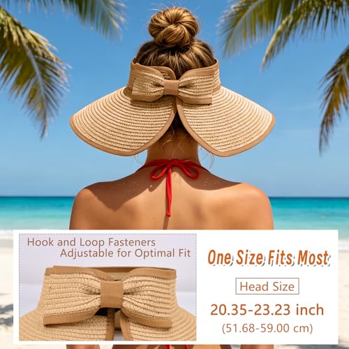 Sun Hats Visor for Women, UV UPF Straw Beach Hat Foldable Wide Brim Ponytail Summer Hats Packable Travel