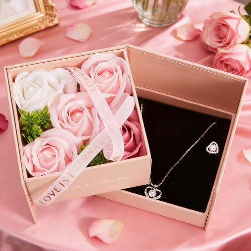 WDS WONDROUS Preserved Rose Jewelry Gift Set for Women, Forever Rose Flower with Heart Necklace & Earrings for Valentine's...