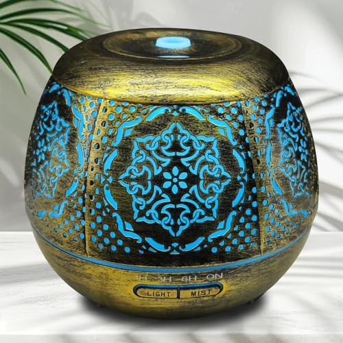500ml Metal Essential Oil Diffuser, Antique Gold Aromatherapy Diffuser, Moroccan Hollow Out Design, 7 Color LED, Timer, Au...