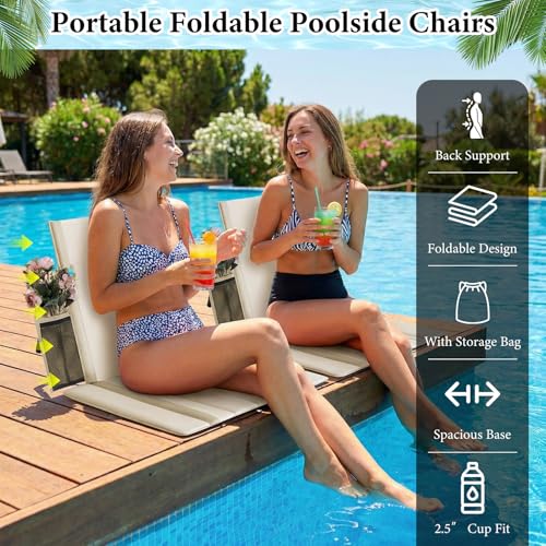 2 Pack Portable Poolside Chairs, Foldable Legless Beach Chairs for Adults with Cup Pocket, Lightweight Ground Seat Small B...