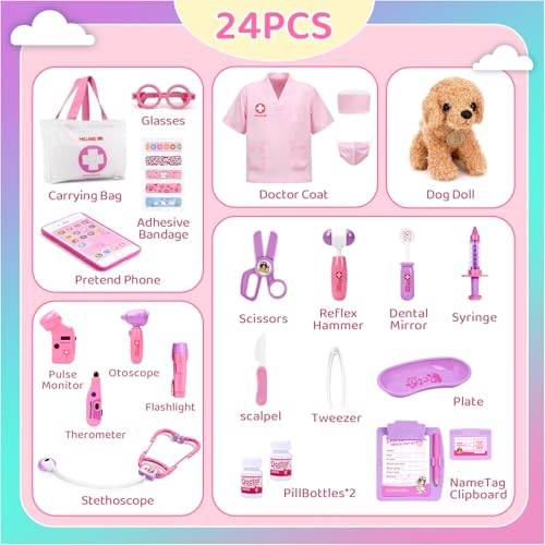 Meland Toy Doctor Kit for Girls, Pretend Play Toy Doctor Set with Dog , Carrying Bag, Stethoscope & Dress Up Costume Gift ...