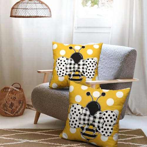 Wnoesat Summer Pillowcase 16x16 Set of 2 Yellow Honey Bee Polka Dots Holiday Throw Pillow Covers Bumblebee Outdoor Decorat...