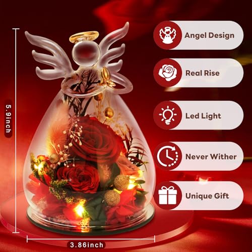 Kemiputi Red Preserved Rose Glass Angel Figurine, Romantic Gifts for Wife Girlfriend, Real Forever Flower I Love You Anniv...