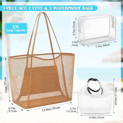 Hsei 3 Large Mesh Beach Bag Tote Set for Women, Khaki Collapsible Tote, Includes Waterproof Swimsuit Dry Bag & Clear Cosme...