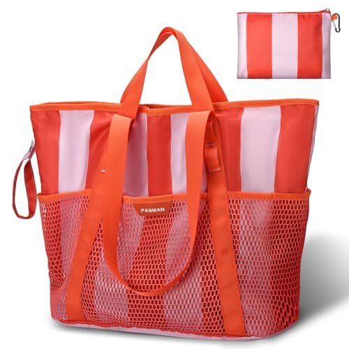 PASMAN Large Beach Bag with Zipper-8 Pockets Sandproof Beach Tote Bag for Women,Foldable Lightweight Family Swim Bag Vacation