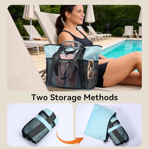 PASMAN Large Beach Bag with Zipper-8 Pockets Sandproof Beach Tote Bag for Women,Foldable Lightweight Family Swim Bag Vacation