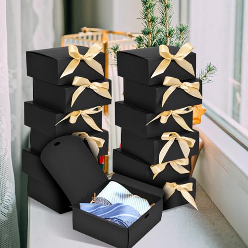 WLUSEAXI 12pack Small Gift Boxes with Lids for Presents, 4.5''x4.5''x2'' Black Gift Boxes with Ribbons, Party Boxes for Pa...