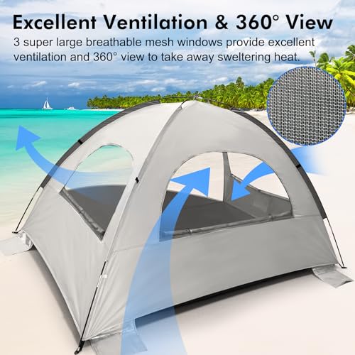 WhiteFang Beach Tent Anti-UV Portable Sun Shade Shelter for 3/4/6/8 Person, Extendable Floor with 3 Ventilating Mesh Windo...
