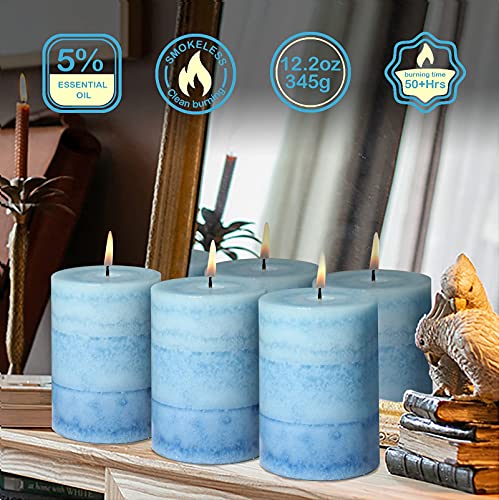 3x4 Inche Pillar Candles Ocean Scented Aromatherapy Candles Long Lasting Burn Blue Mottled 3-Layered Candles for Home Scen...
