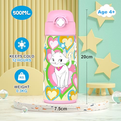 Ntswasd Girls Insulated Water Bottle with Covered Pop-Up Straw,16 oz Kids Cups with Stainless Steel Leak Proof for School ...