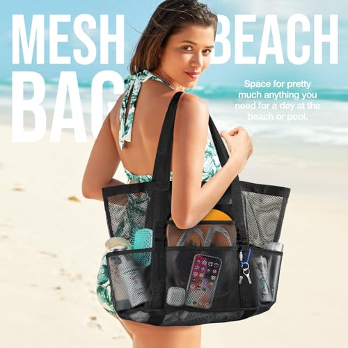 KPX Mesh Beach Bag, Large Beach Tote Bags for Women Foldable Mesh Swimming Pool Bag with Mini Pockets - Sandproof, Waterproof