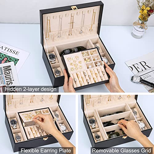 LANDICI Jewelry Box Organizer for Men Women, 2 Layer 4 Slot Watch Storage Case with Removable Tray, PU Leather Large Jewel...
