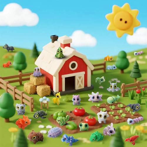 Laehovr 25PC Mini 3D Printed Animals Set with Shining Eyes - Articulated Desk Pets Collection, Mini Animals Figures for Cl...