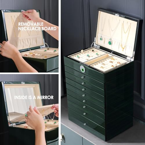SYENS Wooden Jewelry Box Fingerprint Lockable 9-Layers Extra Large Capacity Jewelry Cabinet for Necklace/Rings/Pendants/Br...