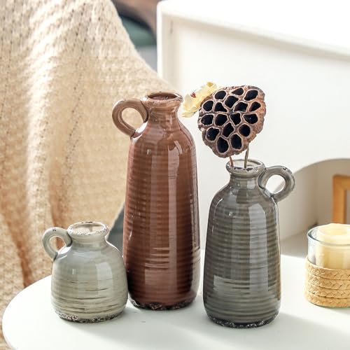 Ceramic Vases Set of 3, Neutral Rustic Farmhouse Vase with Handle, Decorative Flower Vases Home Decor Modern Boho Pampass ...