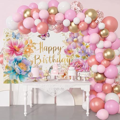 Mocsicka Floral Happy Birthday Banner Pink Flowers Butterfly Spring Party Decorations for Women Girls Photography Backgrou...
