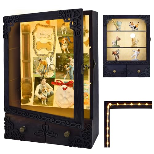 KWYADLUO 11x16 Shadow Box Frame with Light, Memorial Display Case with Shelves, Drawer and Slot for Keepsakes, Deep Memori...