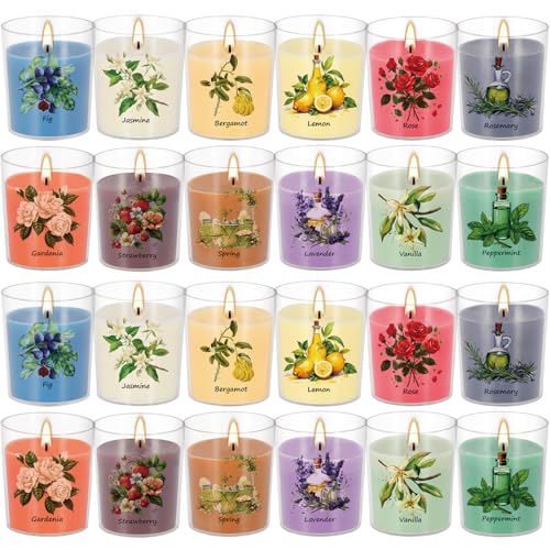 Aromatherapy Candles Set - 24 Pack Scented Candles with 12 Natural Fragrances, Votive Candles in Clear Plastic Jars for Ho...