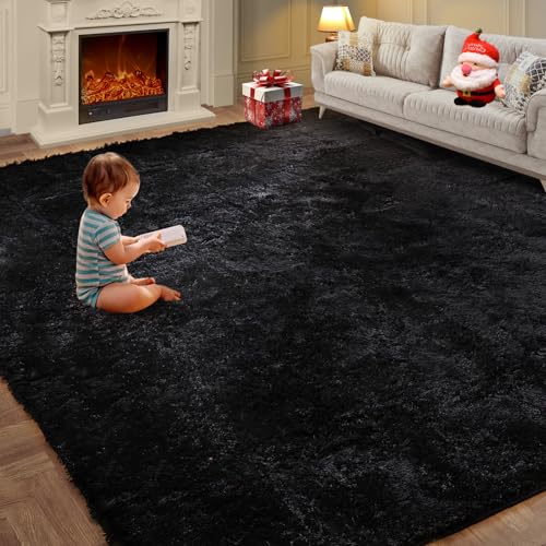 KNZE Super Soft Area Rugs for Living Room 5x7 Black, Fluffy Furry Shaggy Fuzzy Area Rug, Upgrade Anti-Skid Rectangular, Hi...