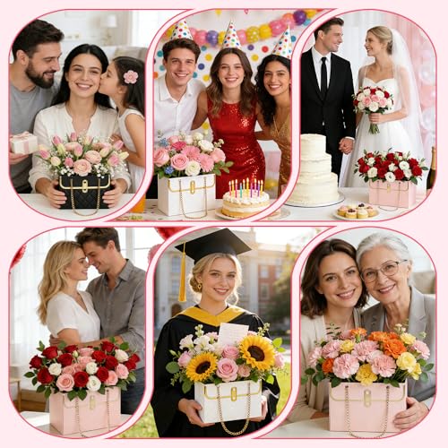 Flower Paper Gift Box 6 Pcs Floral Bouquet Storage Bucket Handbag with Metal Chain Flower Bouquet Purse Box Gift Wrap Bags...