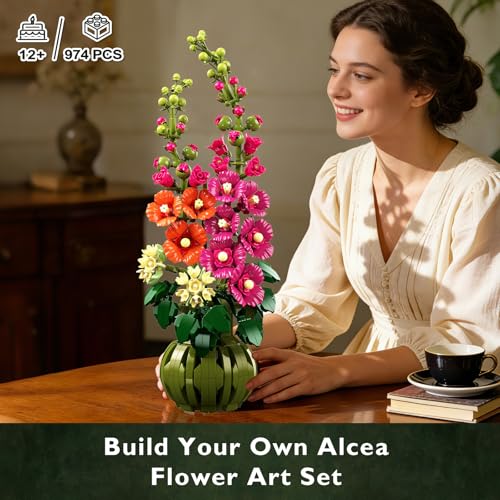 CUBIMANA Flowers Botanicals Alcea Rosea Building Set for Adults - Artificial Bonsai Plant for Home Office Décor, 974PCS Fl...