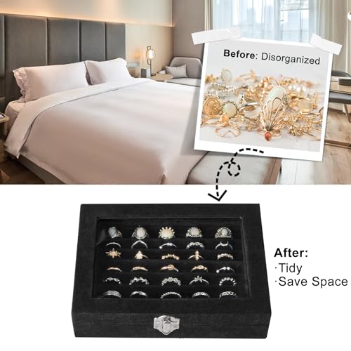 Jutieuo Velvet Ring Organizer Box, 7 Slots Jewelry Holder with Glass Lid Earring Display Tray Storage Case Gift for Women ...