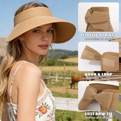 Zhamate 3 Pack Foldable Sun Visor Hats for Women Wide Brim Pontytail Straw Beach Hat for Summer