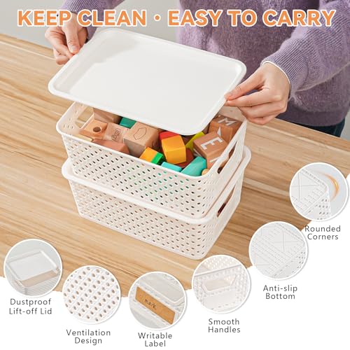 10 Pack Small Plastic Storage Bins with Lids, Stackable Plastic Storage Baskets for Organizing with Handles, Organizer Bin...