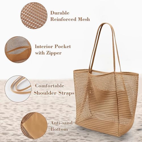 BESSKON Large Beach Bags for Women, Mesh Beach Tote with Zipper, Foldable Pool Tote Bag Travel Beachbag Waterproof Sandproof