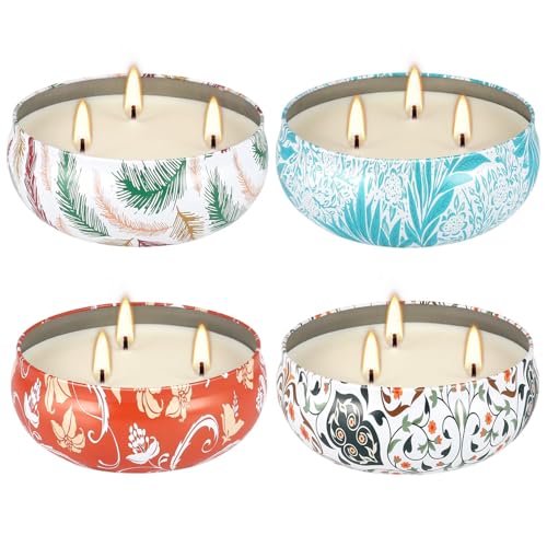 4-Pack Citronella Candle Set in Decorative Tropical Flower Tin Boxes - 3-Wick Functional Decorative Candles for Indoor & O...