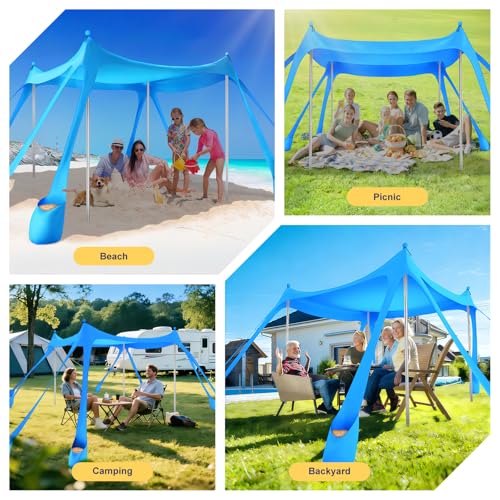 Beach Tent Sun Shelter UPF 50+,10x10 FT Beach Canopy Tent Sun Shade,Pop Up Beach Canopy with 8 Sandbags, Outdoor Beach Sha...