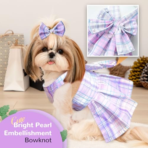 PETCARE Cute Dog Dress Clothes for Small Dogs Cats Girl Female Purple Plaid Bow Tie Dog Harness Dresses Leash Set with Pea...